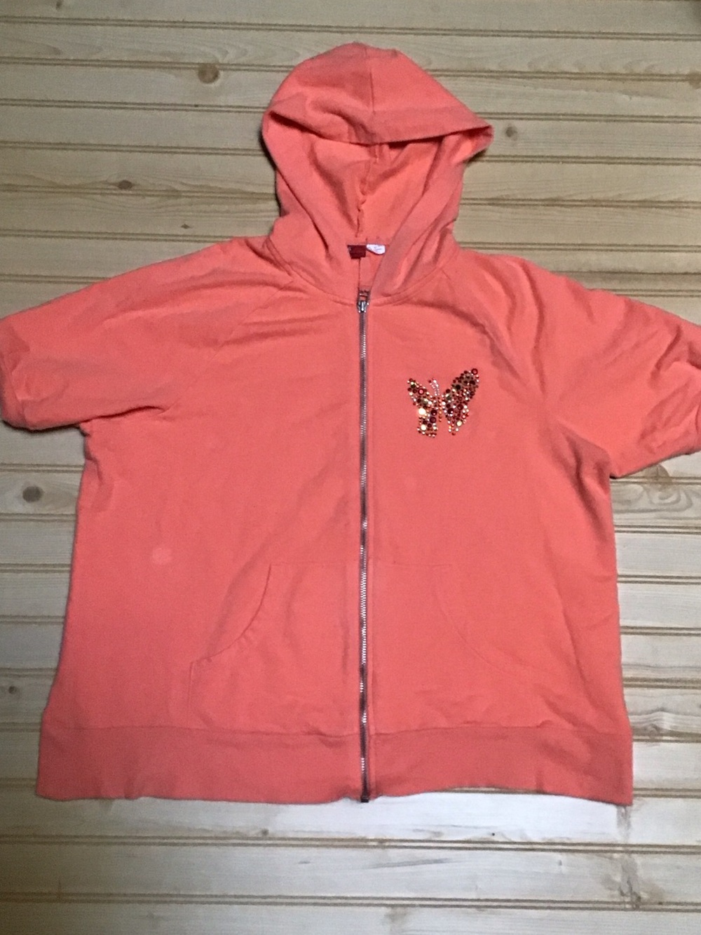 Coral  Embellished Sequin‎ Butterfly Puff Sleeve Zip Up Cotton Stretch Hoodie
